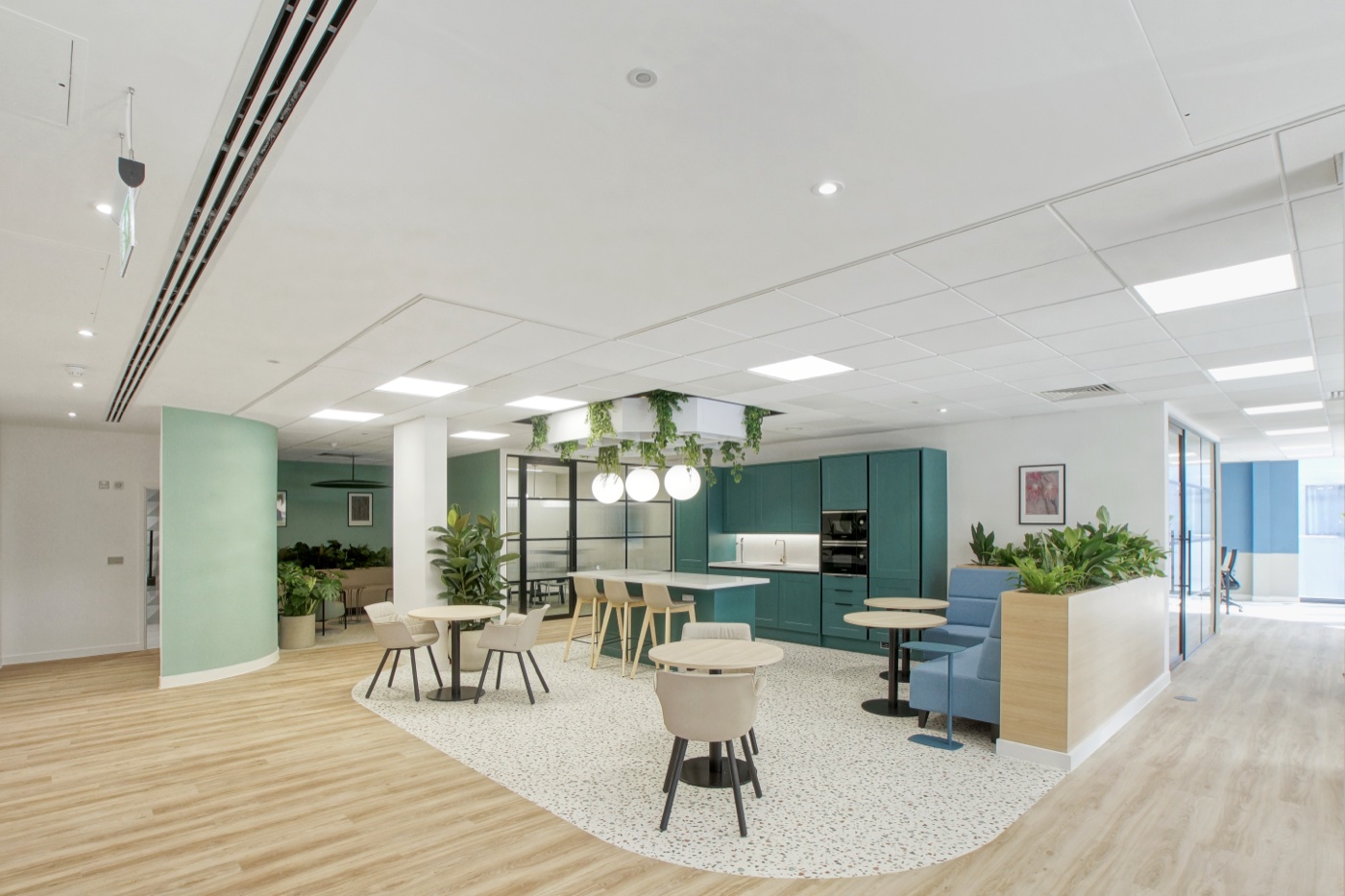 Full-spec café-style kitchen with island in the managed office, 93 Great Suffolk Street SE1